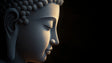 Buddha wall mural creating a peaceful atmosphere in a modern minimalist living room with soft lighting