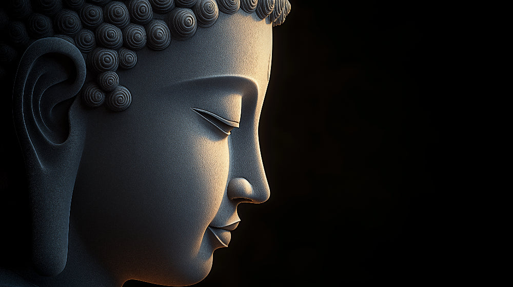 Buddha wall mural creating a peaceful atmosphere in a modern minimalist living room with soft lighting