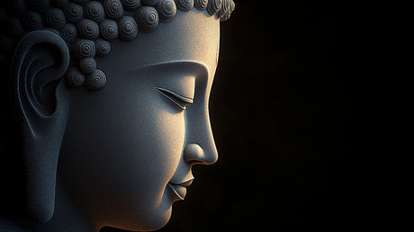 Buddha wall mural creating a peaceful atmosphere in a modern minimalist living room with soft lighting