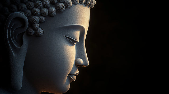 Buddha wall mural creating a peaceful atmosphere in a modern minimalist living room with soft lighting