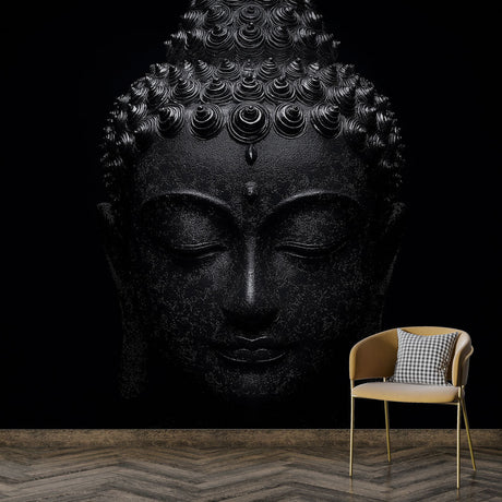 Buddha wall mural creating a peaceful atmosphere in a modern meditation room with minimalist decor