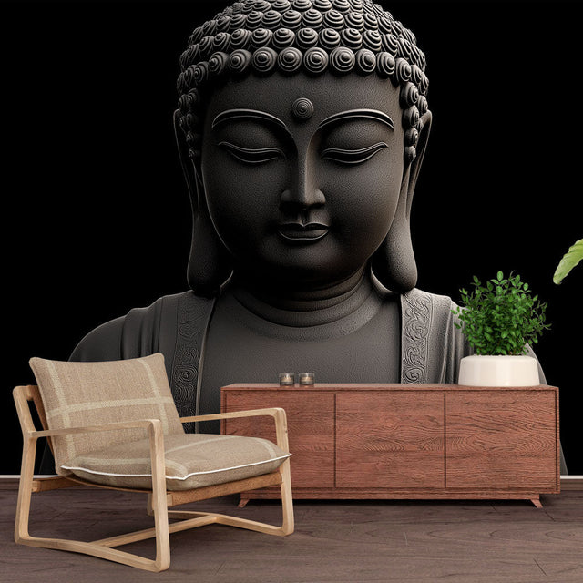 Buddha wall mural creating a peaceful meditation corner in a modern living room with minimalist furniture and soft lighting