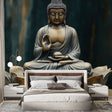 Buddha wallpaper mural creating a peaceful meditation corner in a modern living room with natural light