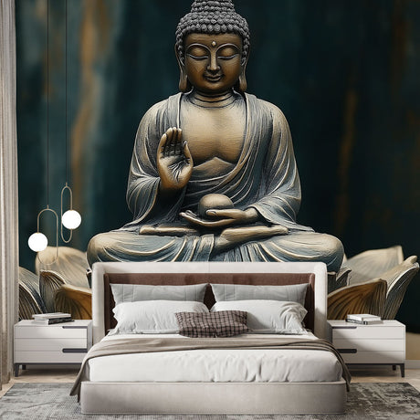 Buddha wallpaper mural creating a peaceful meditation corner in a modern living room with natural light