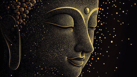 Buddha wall mural design file showing intricate golden dot pattern on black background