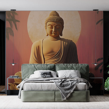 Buddha wallpaper mural creating a peaceful meditation corner in a modern living room with natural light