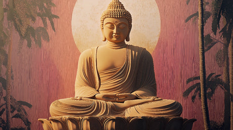 Buddha wall mural design file showing golden statue with sunset glow and palm silhouettes