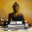 Buddha wallpaper mural creating a peaceful meditation space in a modern living room with natural light