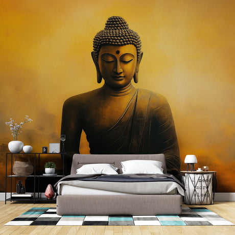 Buddha wallpaper mural creating a peaceful meditation space in a modern living room with natural light