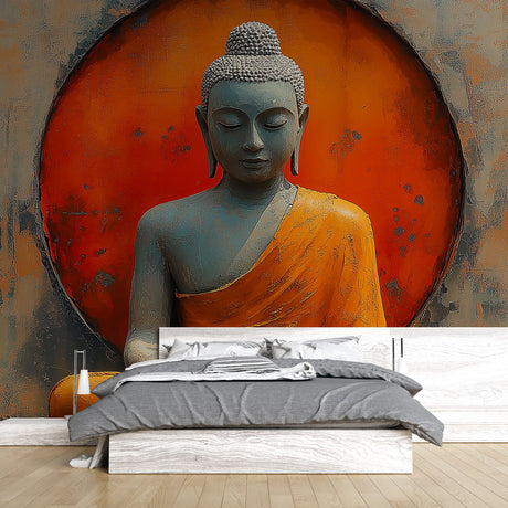 Buddha wall mural creating serene atmosphere in modern meditation room with natural light and bamboo accents