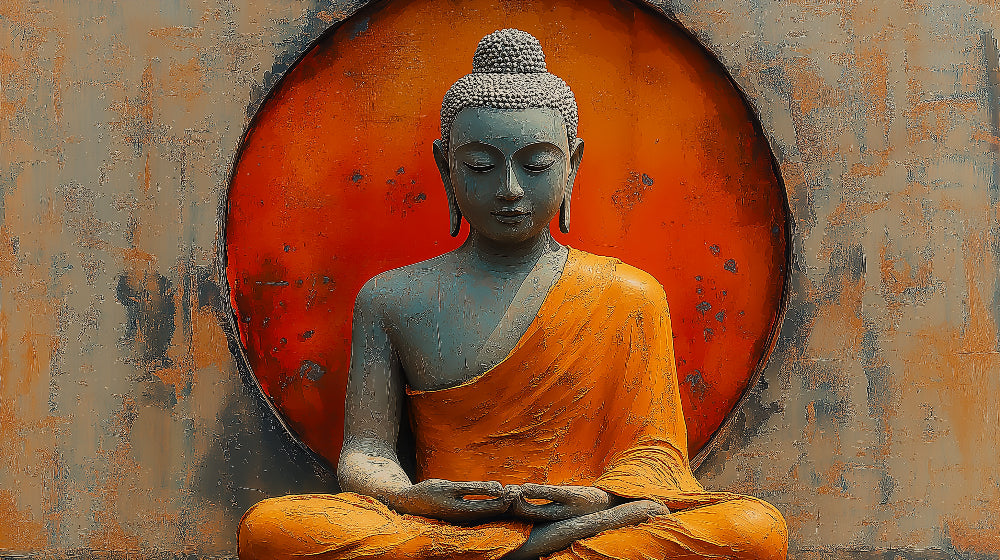 Buddha wallpaper design file showing detailed stone texture and orange halo effect