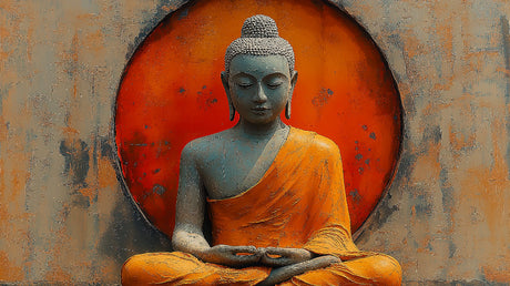 Buddha wallpaper design file showing detailed stone texture and orange halo effect
