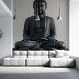 Buddha wall mural creating a peaceful meditation corner in a modern living room with grey accents and natural light