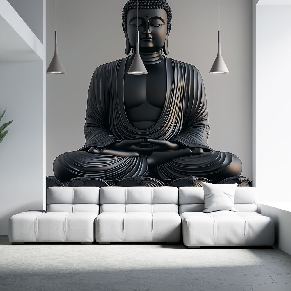 Buddha wall mural creating a peaceful meditation corner in a modern living room with grey accents and natural light
