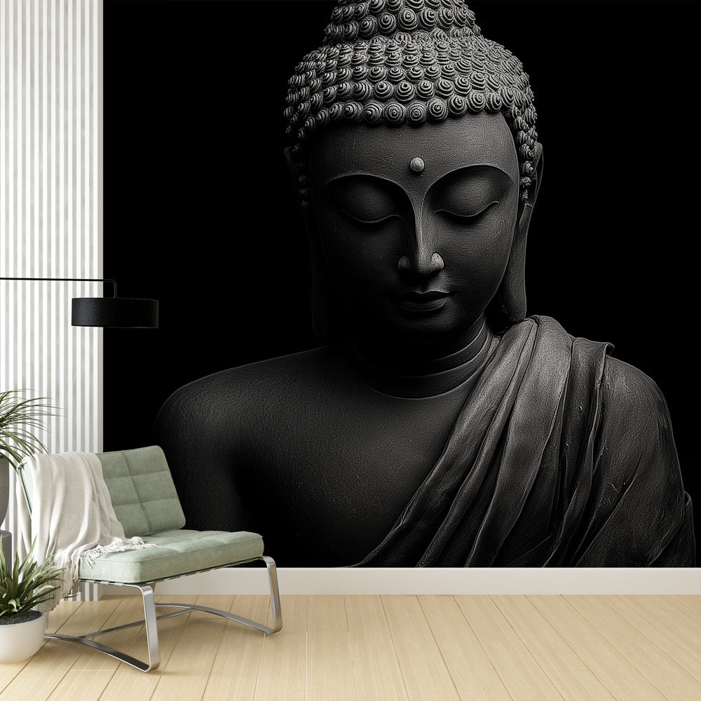 Buddha wall mural in modern living room creating peaceful meditation space with black and white design