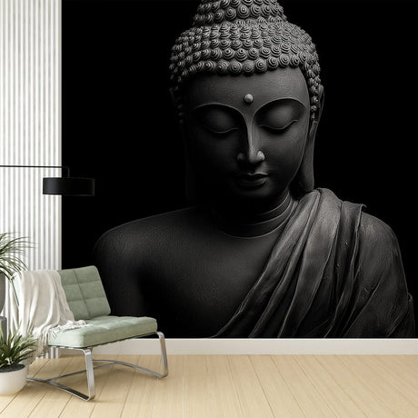 Buddha wall mural in modern living room creating peaceful meditation space with black and white design
