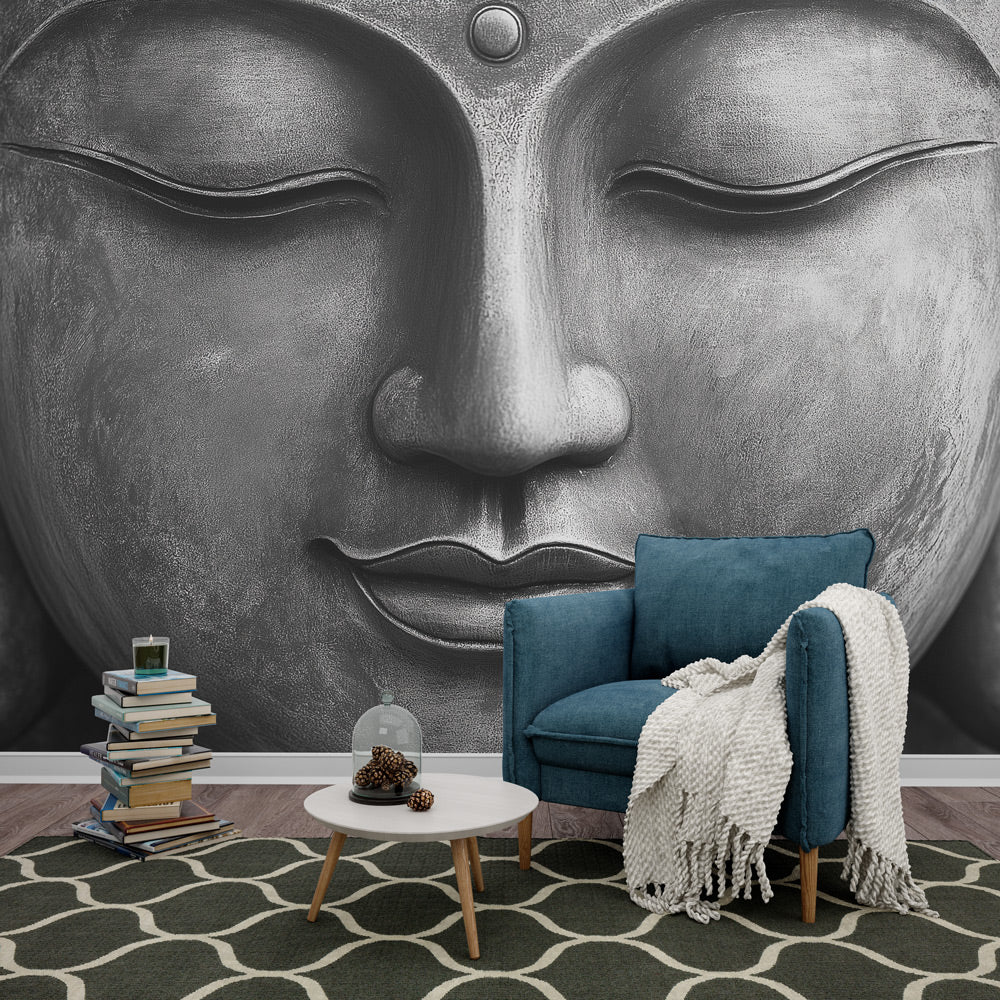 Buddha wall mural creating a peaceful meditation corner in a modern living room with minimal furniture and natural light