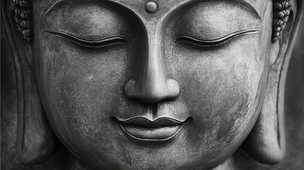 Monochrome Buddha portrait design file showing detailed facial features and zen expression