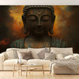 Buddha wall mural creating a peaceful meditation corner in a modern living room with soft lighting and natural elements