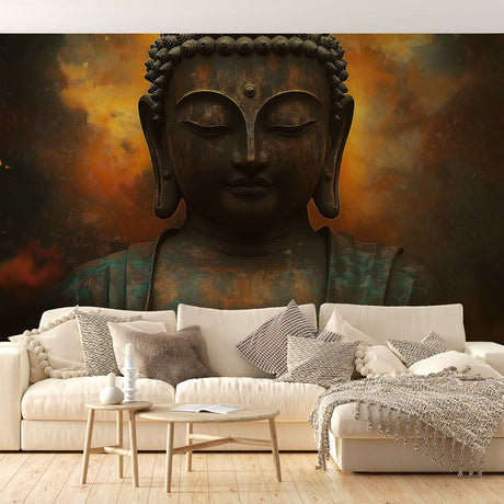 Buddha wall mural creating a peaceful meditation corner in a modern living room with soft lighting and natural elements