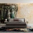 Buddha wall mural creating a peaceful meditation space in a modern living room with natural light and minimalist furniture