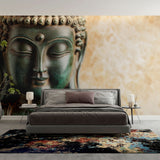 Buddha wall mural creating a peaceful meditation space in a modern living room with natural light and minimalist furniture