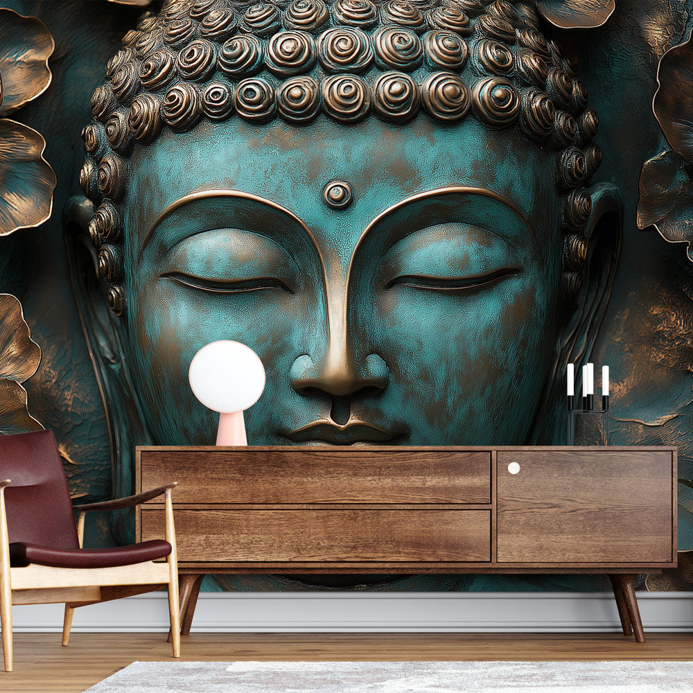 Buddha wall mural with turquoise and bronze tones creating a peaceful atmosphere in a modern meditation room