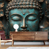 Buddha wall mural with turquoise and bronze tones creating a peaceful atmosphere in a modern meditation room