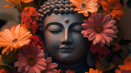 Buddha wallpaper design file showing detailed orange floral pattern with black background