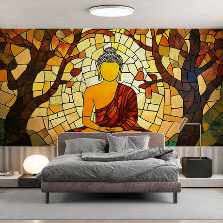 Buddhist wall mural creating a peaceful meditation corner in a modern living room with natural light enhancing the stained glass effect