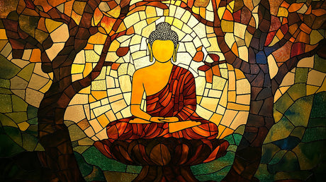 Buddhist stained glass mosaic design file showing intricate pattern and rich color palette