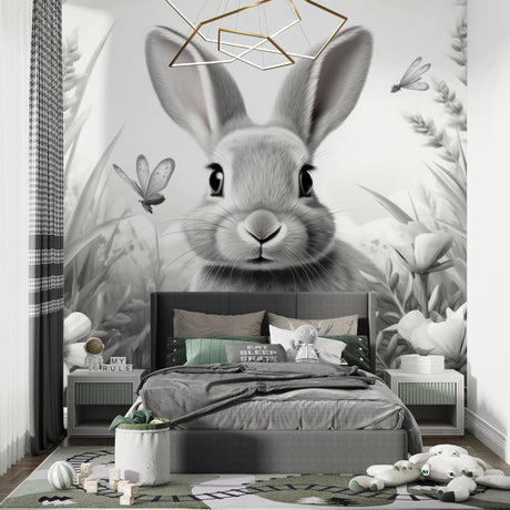 Black and white bunny wallpaper in modern nursery with white furniture