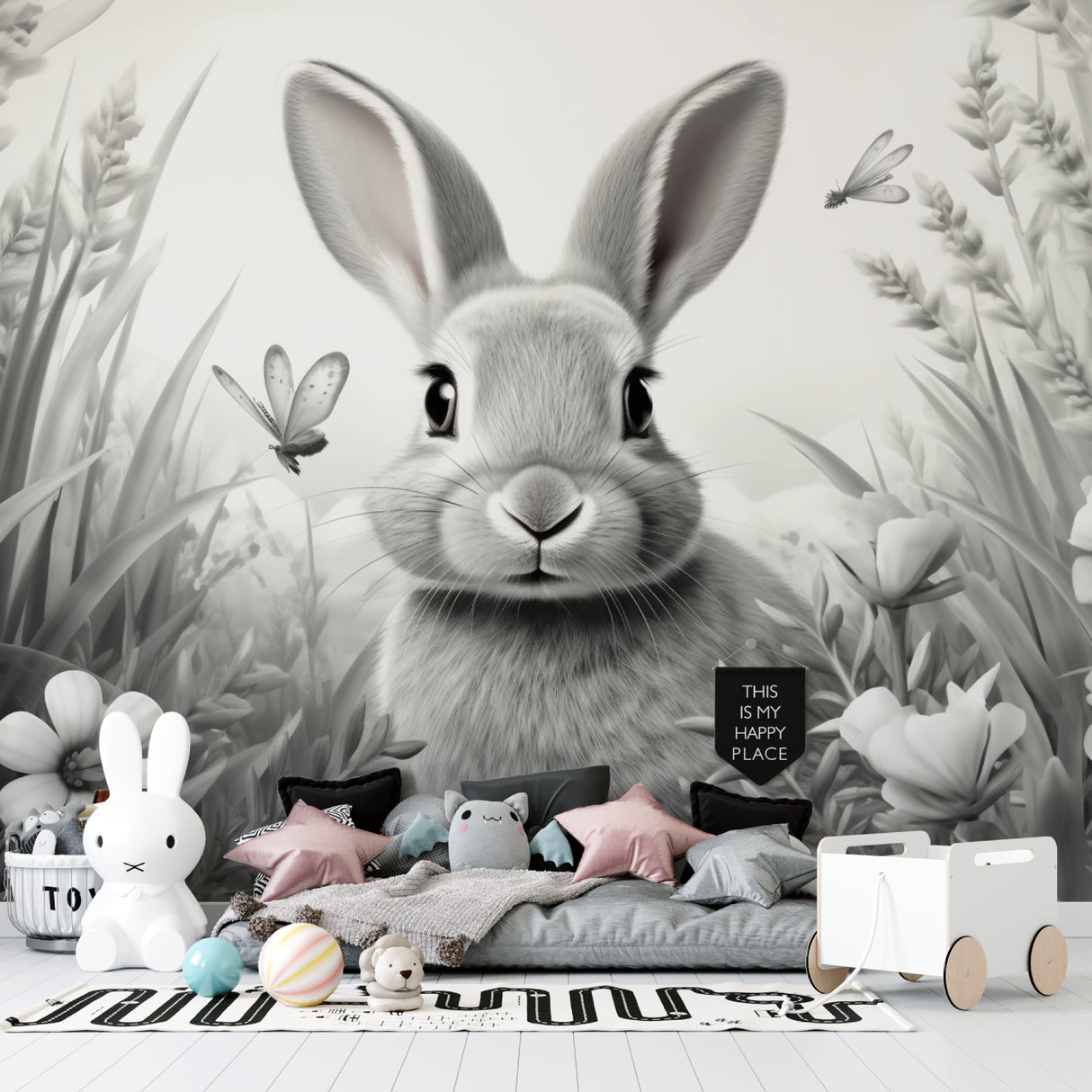 Enchanted garden bunny mural in child's reading nook with cozy pillows