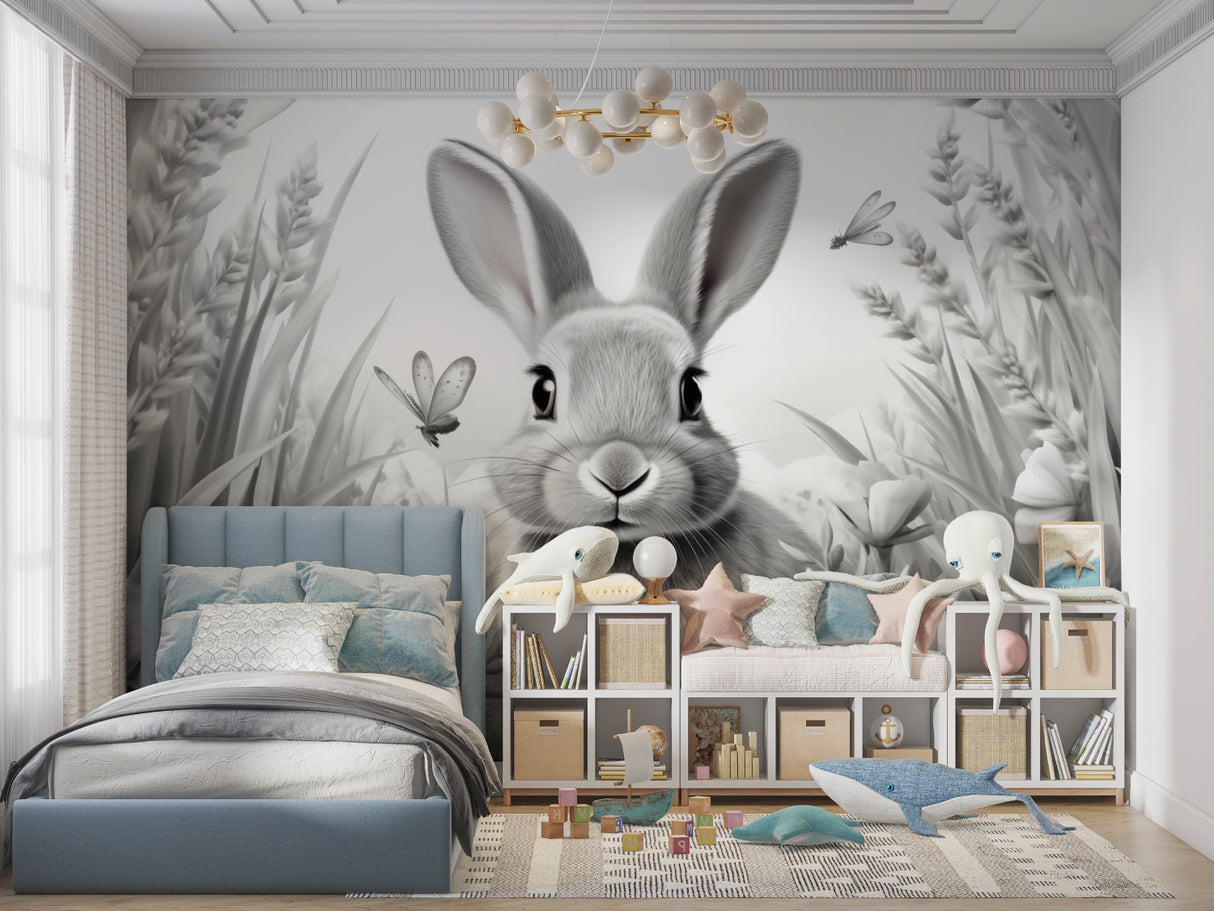 Black and white bunny wall mural in minimalist playroom setting