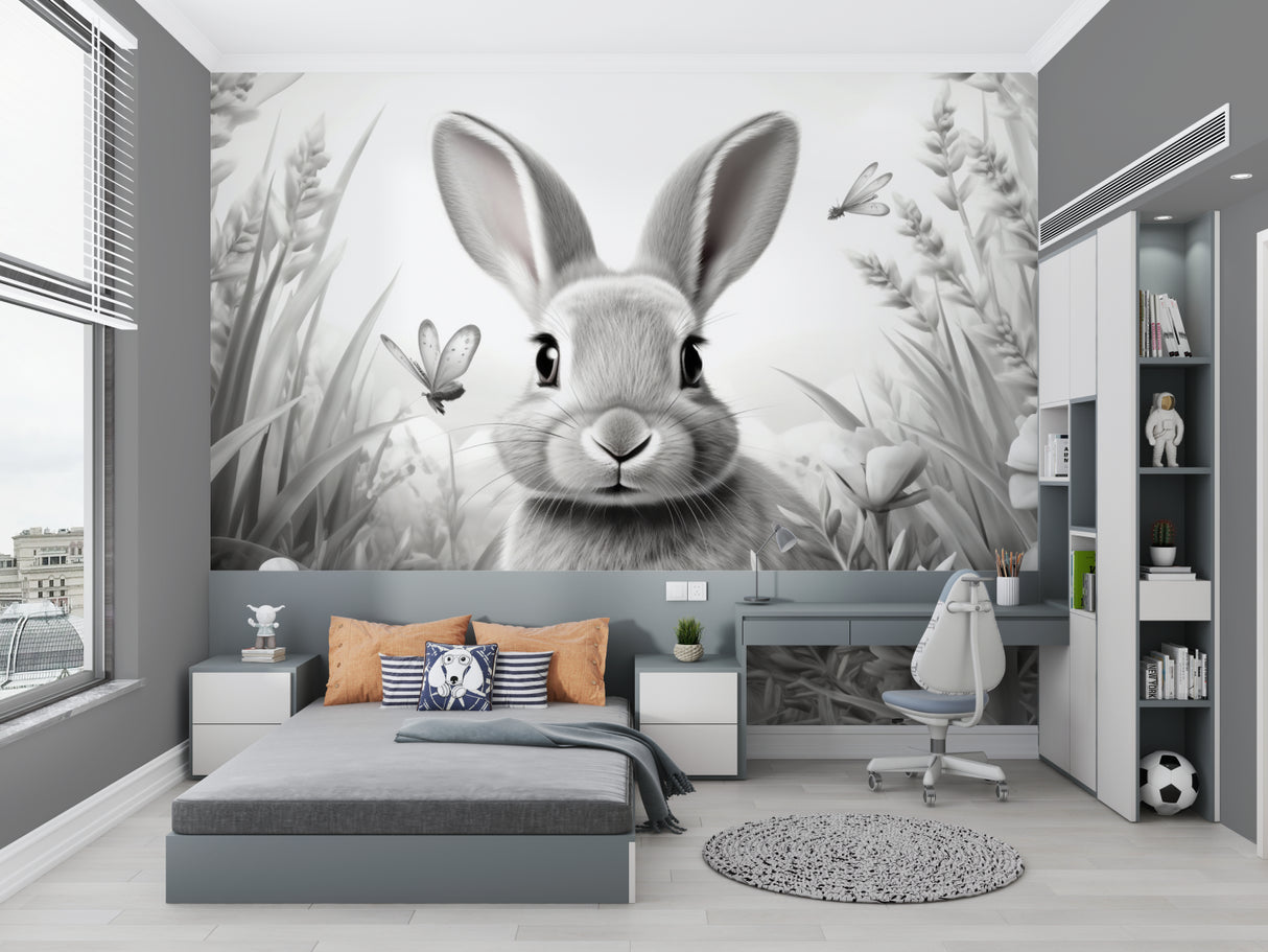 Bunny garden wallpaper adding charm to toddler bedroom
