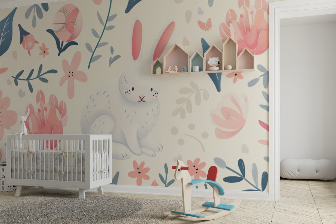 Pink floral bunny mural in baby girl's room with rocking chair