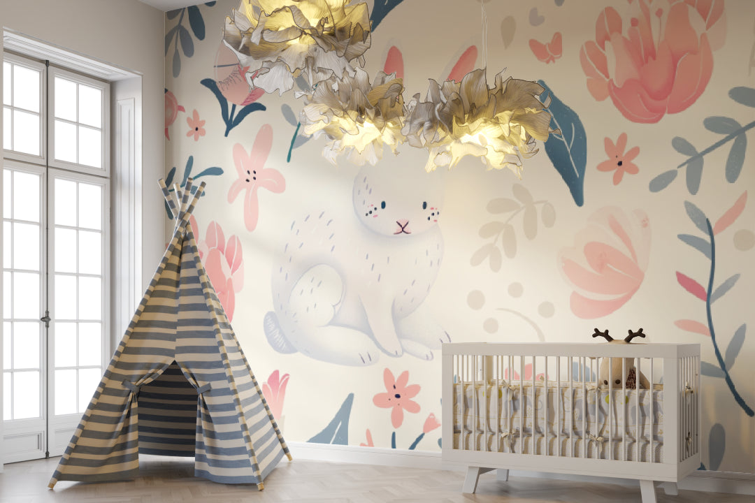 Nursery bunny wallpaper styled with natural wood furniture