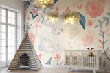 Nursery bunny wallpaper styled with natural wood furniture