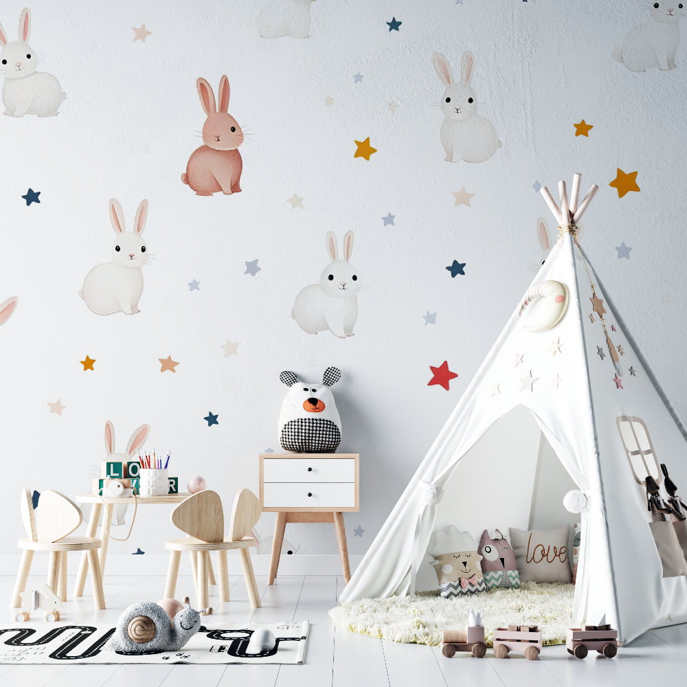 Baby room with bunny nursery wallpaper featuring playful rabbit design and twinkling stars