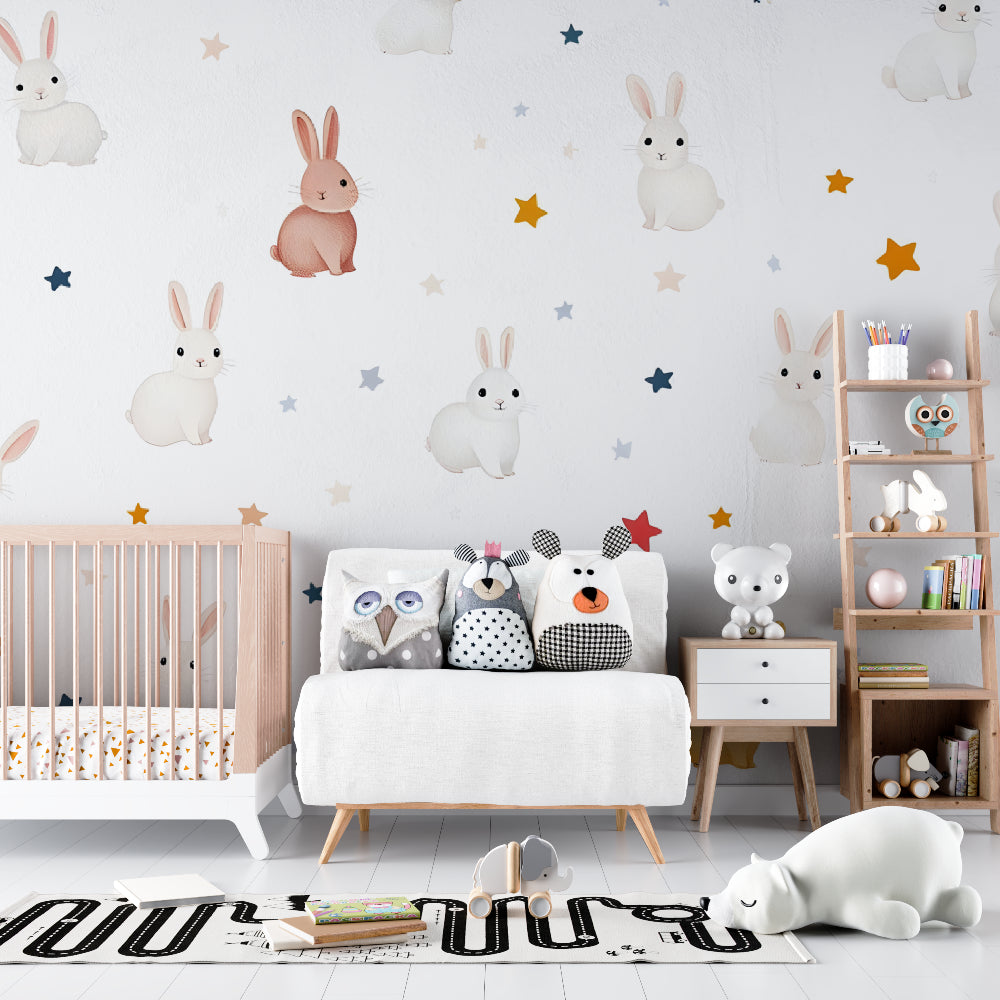 Reading nook decorated with starry bunny wallpaper showing sweet rabbits under night sky