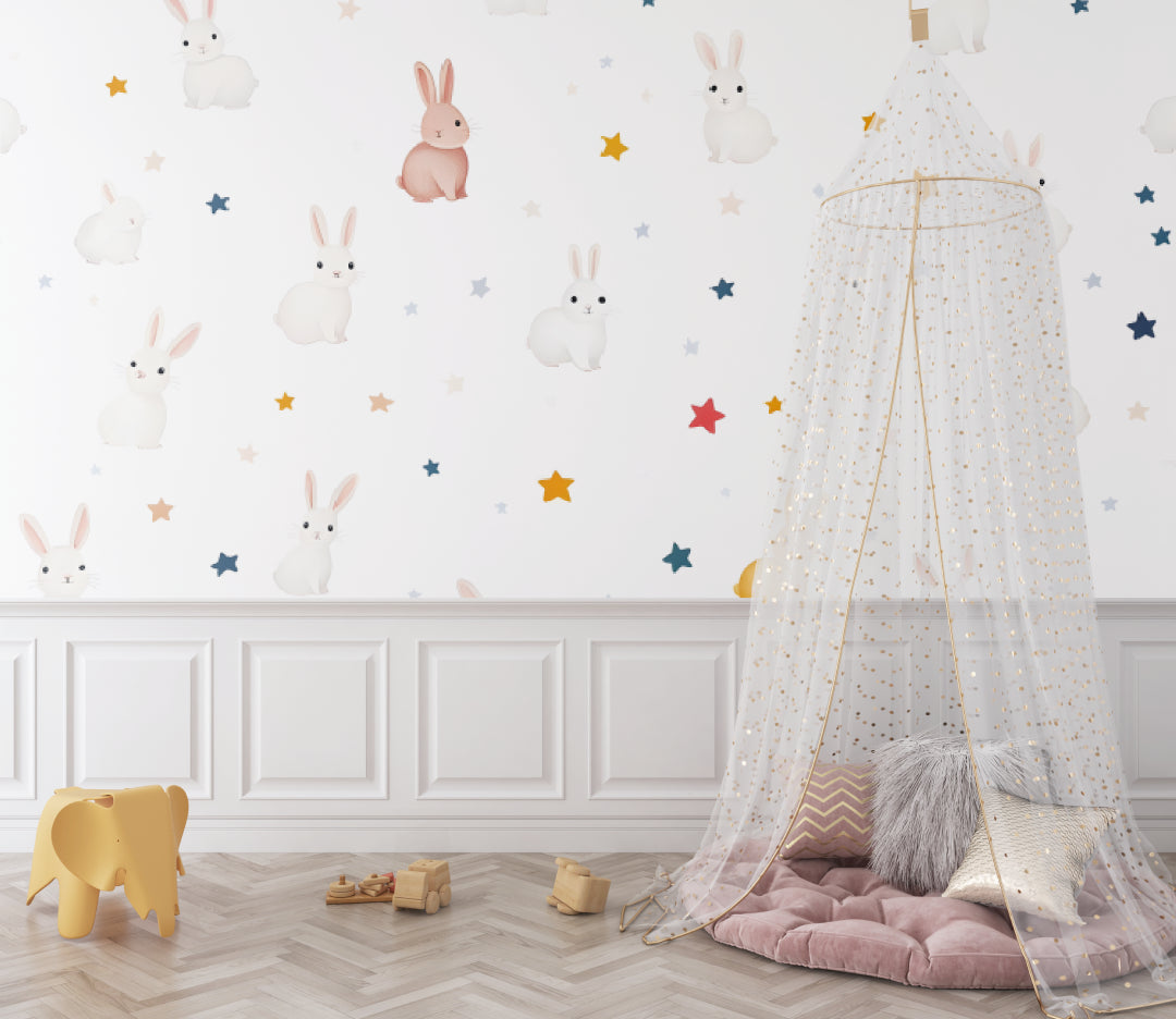 Kids bedroom showcasing bunny wallpaper with dreamy star pattern and soft color palette