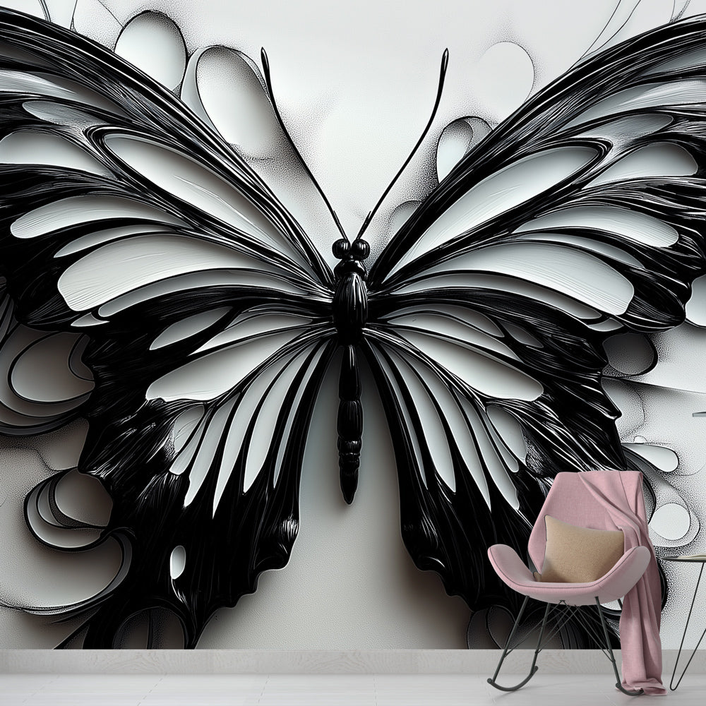 Black and white 3D butterfly wallpaper creating dramatic focal point in modern living room with minimal furniture