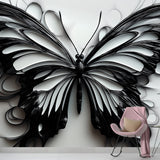 Black and white 3D butterfly wallpaper creating dramatic focal point in modern living room with minimal furniture
