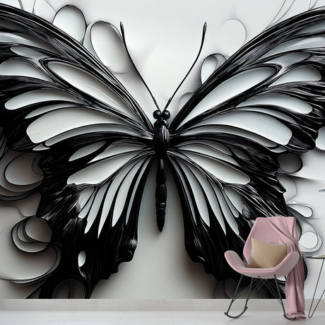 Black and white 3D butterfly wallpaper creating dramatic focal point in modern living room with minimal furniture