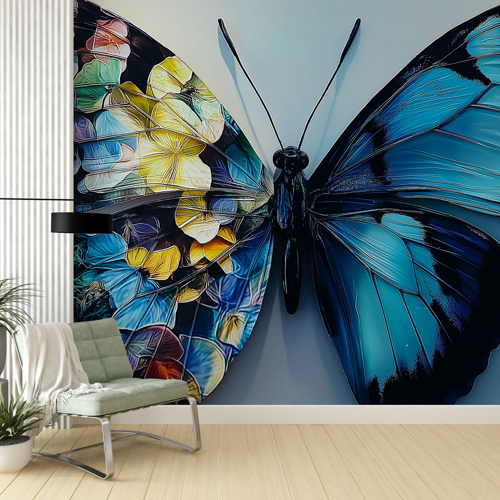 Butterfly mural wallpaper creating a stunning focal point in modern living room with natural light highlighting the 3D wing details