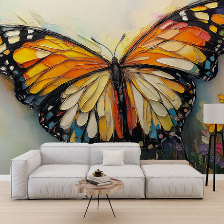 Butterfly wall mural creating depth in a bright modern living room, orange Monarch design catching morning light