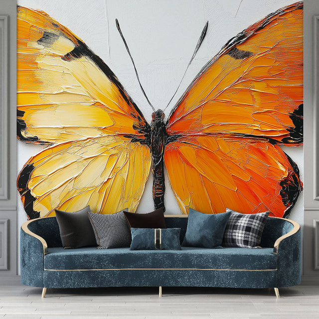 3D Butterfly Wall Mural creating dramatic impact in a modern living room with orange and black textured design