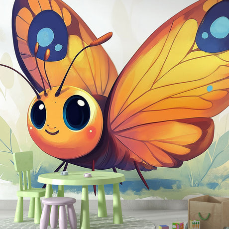 Orange butterfly wallpaper mural displayed in a bright kids bedroom, showing how the animated character brings warmth to the space