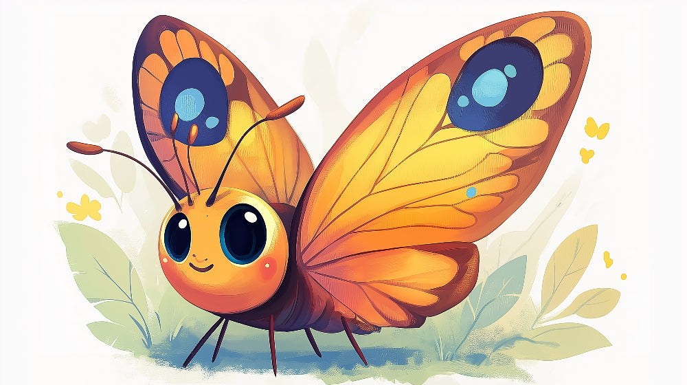 Butterfly wallpaper design file showing detailed orange wings and friendly character on misty background