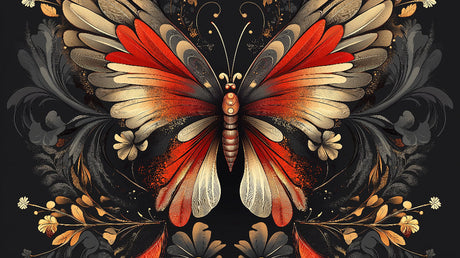 Art Deco Butterfly Wallpaper design file showing intricate red and gold pattern on black background